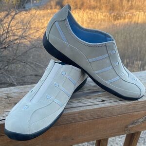 Clarks Beige and Powder Blue Slip-On Women's Sneaker with Black Sole